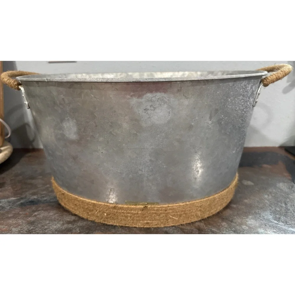 Seaside Galvanized Metal Beverage Tub Jute Rope Handles Farmhouse Ice Bucket